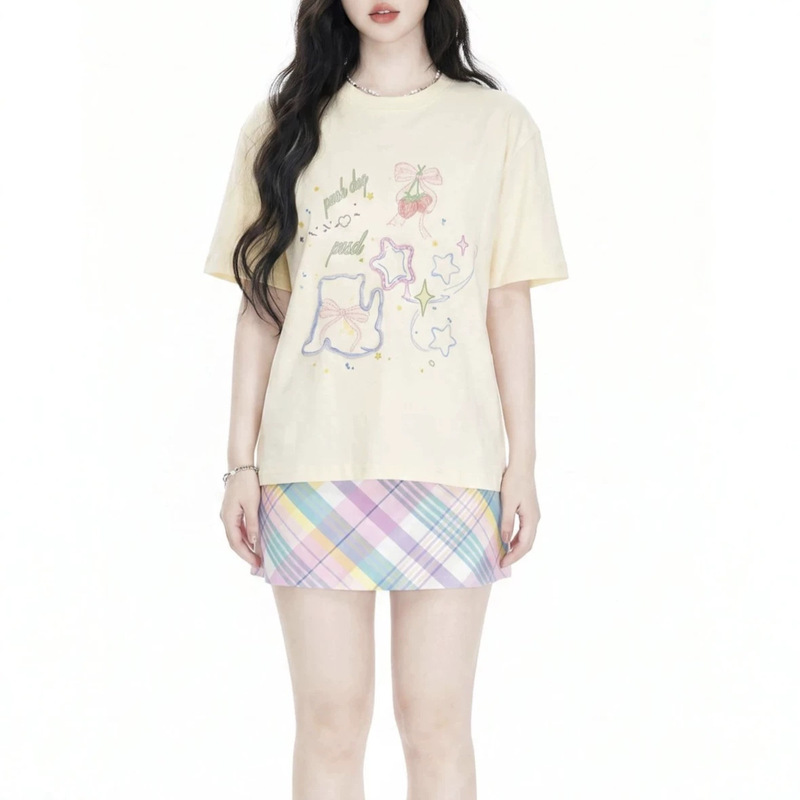 Cartoon colorful line star cat print short-sleeve T-shirt for women, summer fresh and loose-fitting top, trendy style