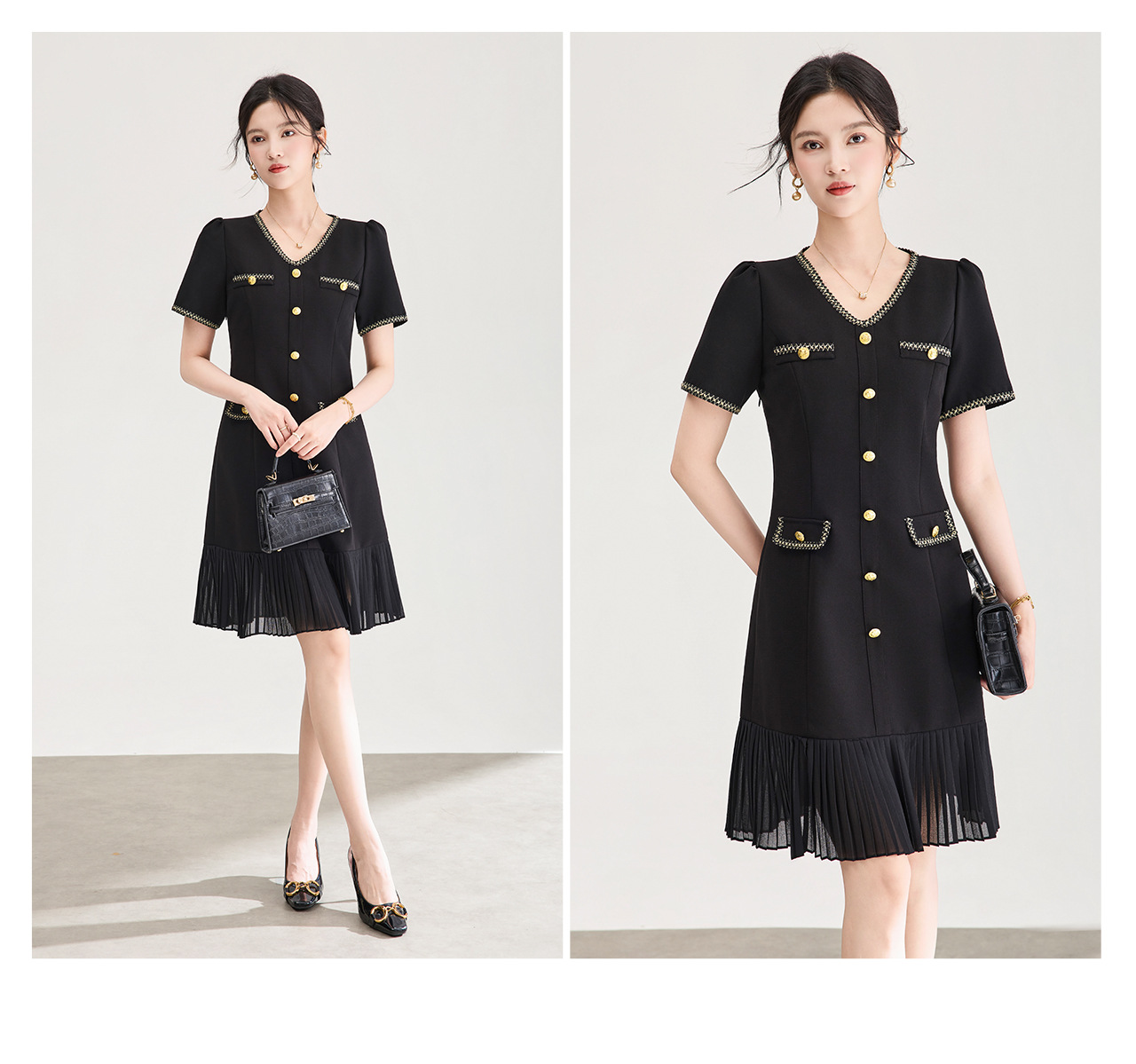 Đầm nữ cổ tròn tay ngắn thắt eo phong cách Chanel — màu đen chi tiết 20