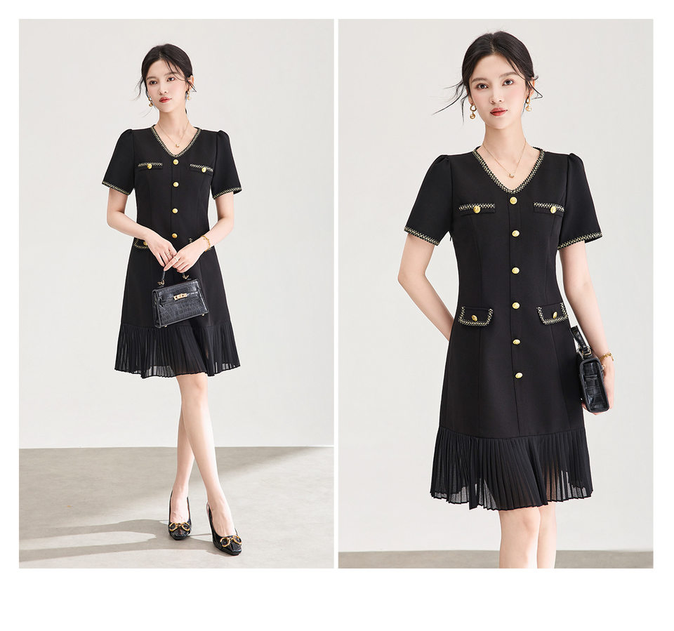 Đầm nữ cổ tròn tay ngắn thắt eo phong cách Chanel — màu đen chi tiết 20