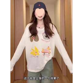 卡通印花长袖T恤女装夏季慵懒风防晒宽松减龄上新款百搭图片色