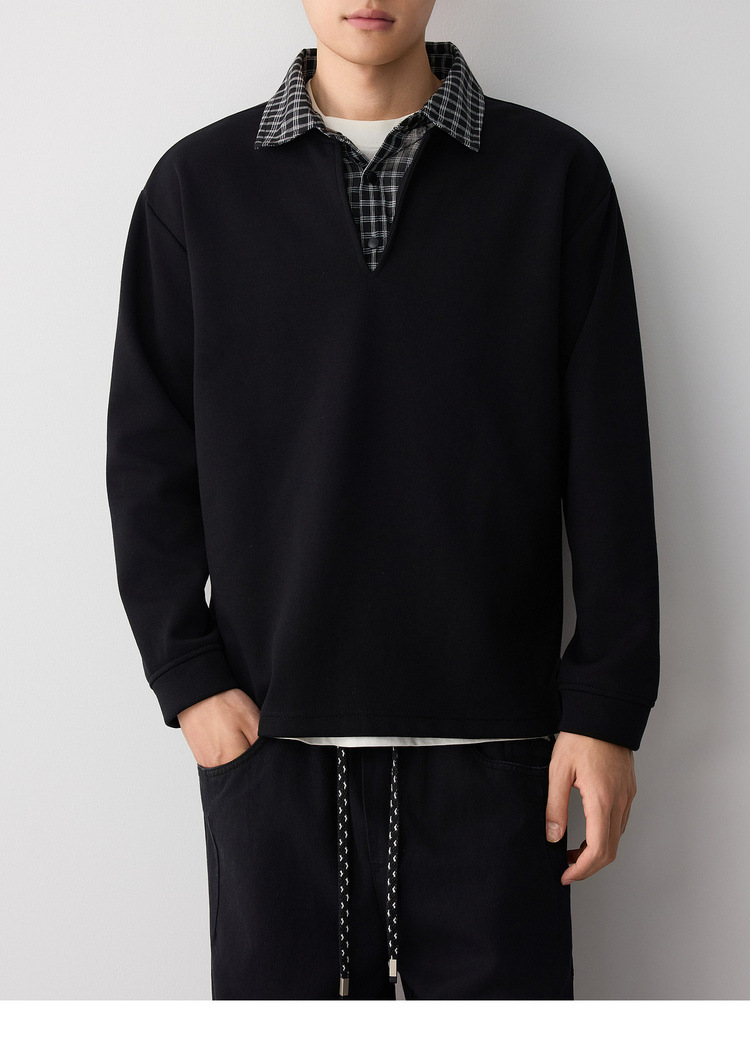 Áo hoodie nam nỉ hai lớp cổ lạnh kiểu giả hai lớp — đen chi tiết 20