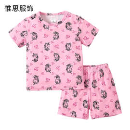 新款女童短袖短裤两件套 夏季粉色独角兽睡衣家居服休闲卡通童装