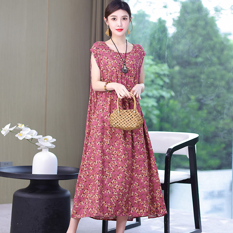 お母さんの綿のシルクのワンピースの半袖の中で老年の夏服の大きいサイズの婦人服は太ってゆったりしている人工綿のスカートの女性をプラスします。|undefined
