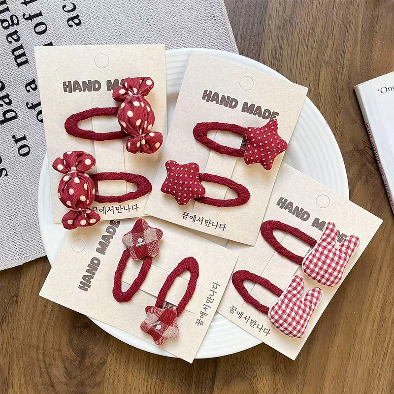 新款韩版甜美酒红色布艺波点星星镂空儿童BB夹侧边发夹百搭女童发