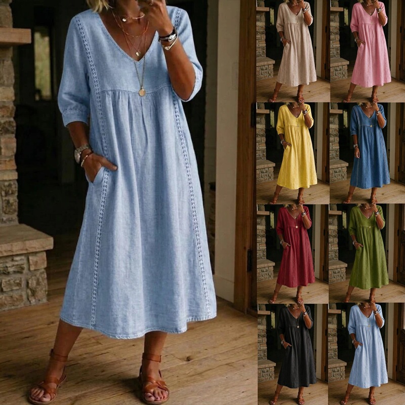 2026 Amazon's New Summer European and American Cotton and Linen V-Neck Loose Slimming Look Three-Quarter Sleeve Mid-Length Women's Dress
