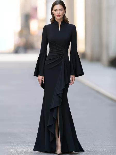 2026 cross-border European and American style fitted long dress with ruffles and a slit, slim-fit fishtail formal evening gown