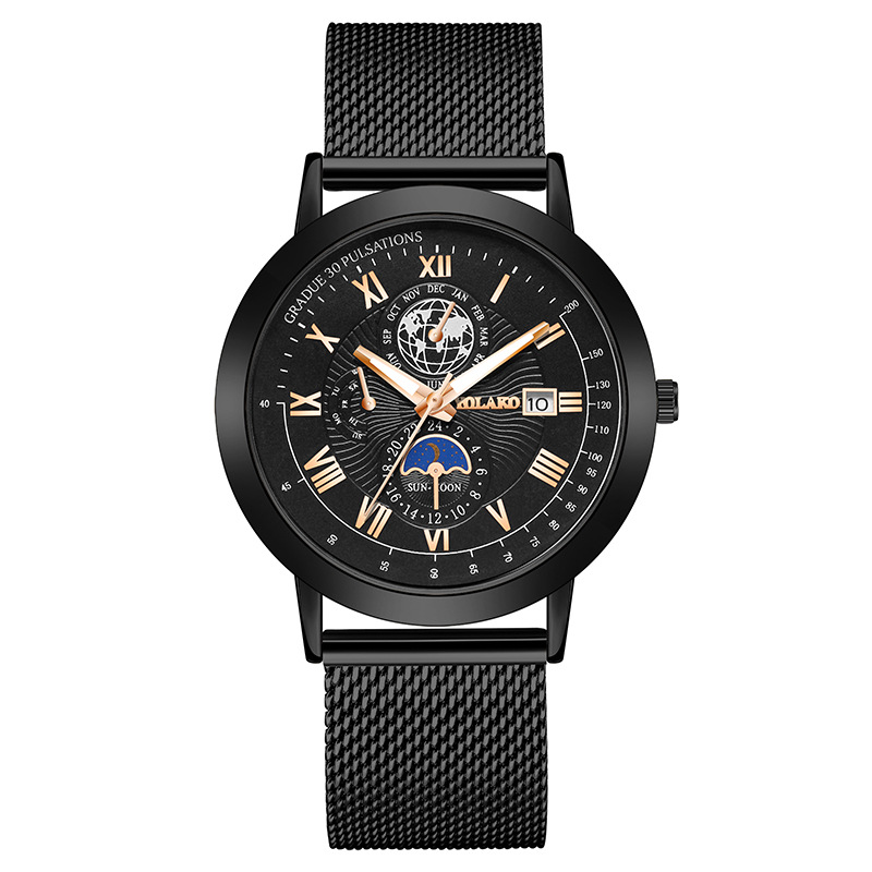 Foreign trade hot-selling new fashionable moon three-eye calendar men's watch with mesh strap and stainless steel band, wholesale from the manufacturer.