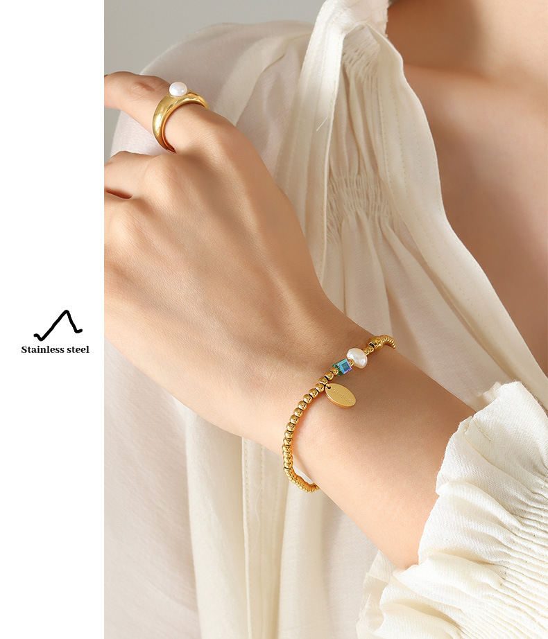 Casual Solid Color Titanium Steel Bracelets Beaded Crystal Pearl Stainless Steel Bracelets