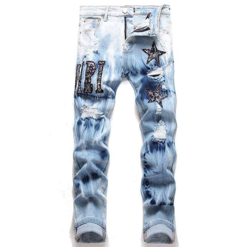Punk Pentagram Blue Ripped Jeans Slim Fit Stretch Printed Letter Embroidery Skinny Men's Jeans