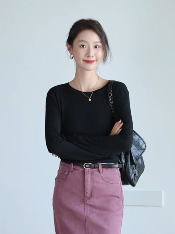 莱赛尔天丝t恤女斜肩长袖醋酸垂坠感修身内搭外穿圆领打底衫上衣|undefined