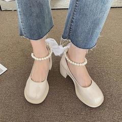 瑪麗珍女鞋2022年春季新款洋氣珍珠蝴蝶結粗跟高跟仙女風jk皮鞋子