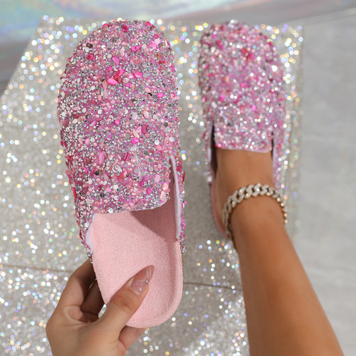 Baotou Pointed Toe Slipper with Glitter for Women, Half-House Slipper, Adult Soft Cork Shoes, Comfortable Leisure, Non-Slip, European and American Style