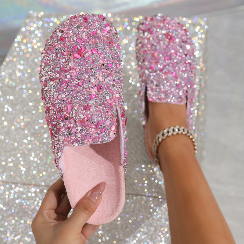 Cross-border Baotou brick slippers, women's sequined semi-slippers, adult cork shoes, comfortable, casual, anti-slip, European and American cool slippers