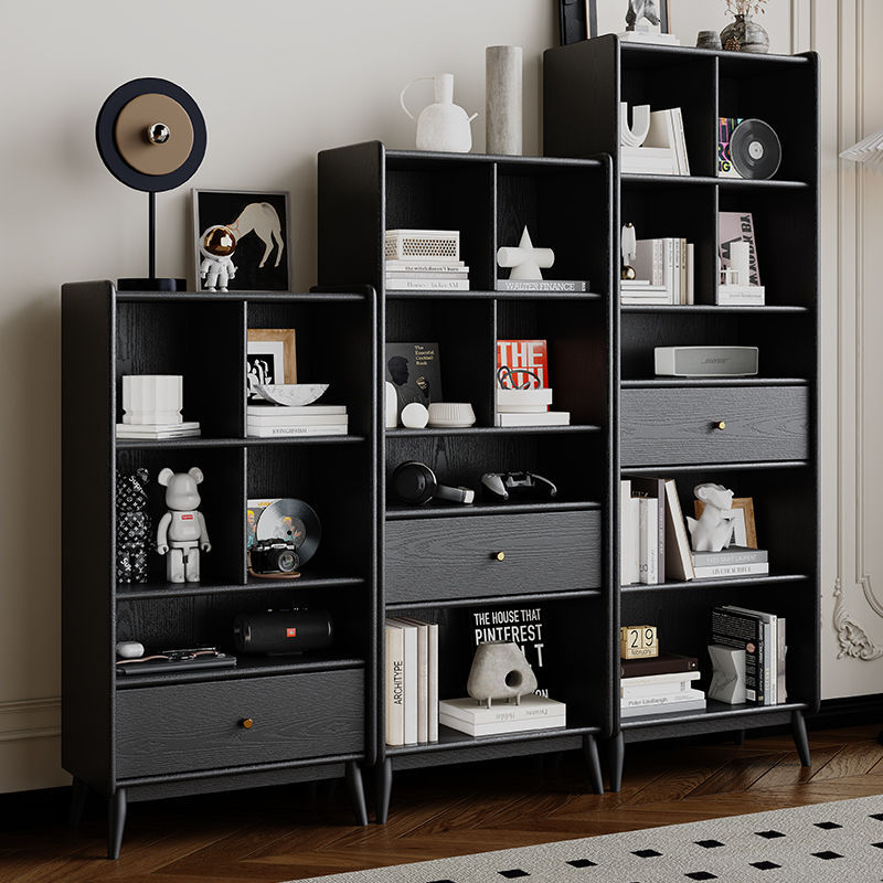 全实木书柜橡木复古黑色轻奢中古立柜美式法式书架客厅家居储物柜