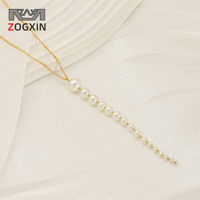 Nuevo estilo de acero inoxidable francés simple una palabra colgante de perlas personalidad femenina creativa collar de tamaño de perla larga mujer