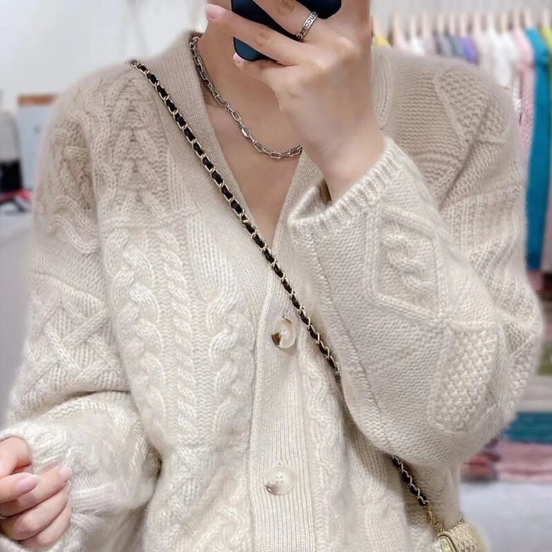 Soft Waxy Cashmere Cardigan Women's V-neck Loose Thickened Twist Autumn and Winter Knitted Sweater Coat Thick Woolen Sweater Trendy
