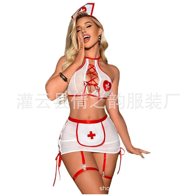 Cross-Border European and American Sexy Lingerie Sexy Nurse Uniform Mesh Cross Strap Role-Playing Uniform Sexy Suit for Women