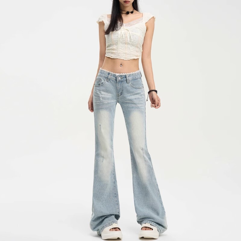 American Summer Thin Washed Light Blue Lace Splicing Low-Waist Versatile Jeans for Women Loose Slimming Look Bell-Bottom Pants
