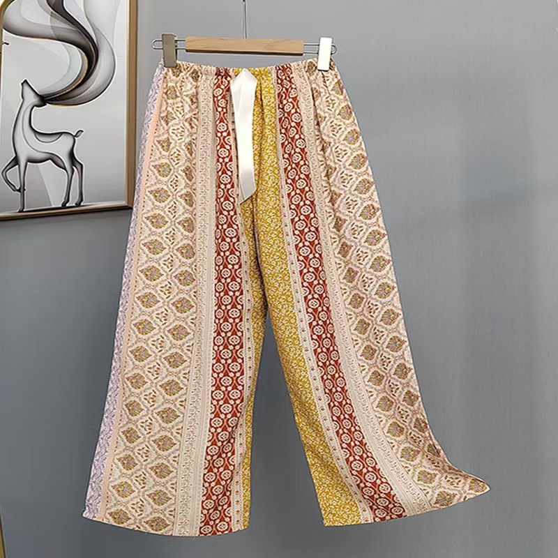 Pijama de seda de algodón para mujer, pantalones anchos de mujer embarazada de seda de algodón con estampado fino de verano