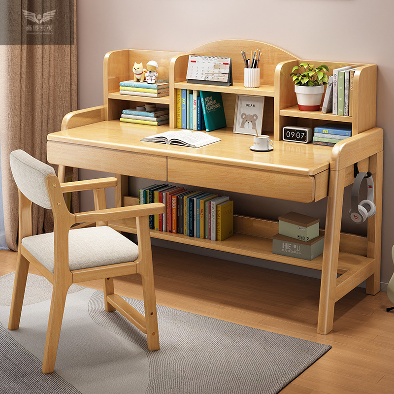Escritorio de madera maciza, escritorio elevador manual, escritorio para estudiantes de secundaria, dormitorio, hogar, escritorio simple, estantería, escritorio integrado, escritorio y silla image 4