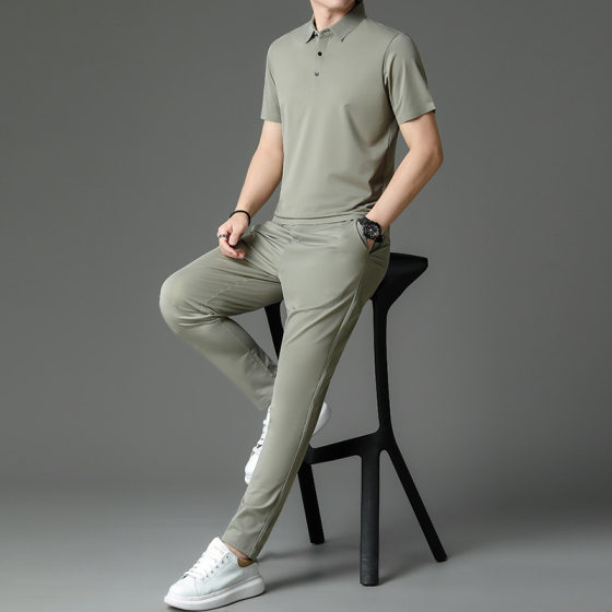 Ice Silk Smooth Men's Casual Suit Summer New Youth Short-sleeved Lapel T-shirt Sports Pants Two-piece Set for Men