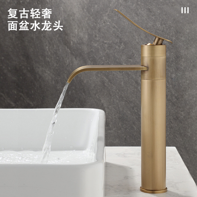 Cross-Border European Retro Brass Faucet Bathroom Bathroom Cabinet Single Hole Countertop Basin Waterfall Hot and Cold Faucet