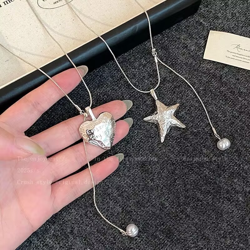 银色爱心星星吊坠项链女ins小众高级感百搭毛衣链抽拉式长款配饰|undefined