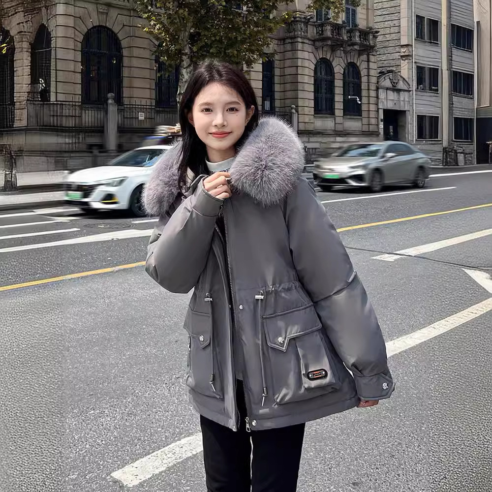 Parker Women's Winter 2024 새로운 기모 두꺼운 면 의류 대형 포켓 느슨한 면 패딩 재킷 허리 타이트 코트 트렌디