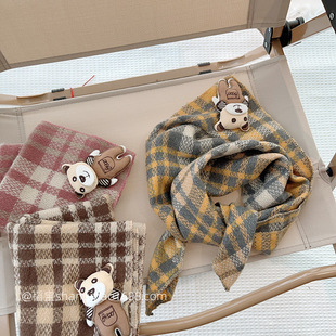 South Korea Bear Plaid Baby's Turban All-match Shawl Triangle Scarf Children's Scarf Autumn and Winter Warm Windproof