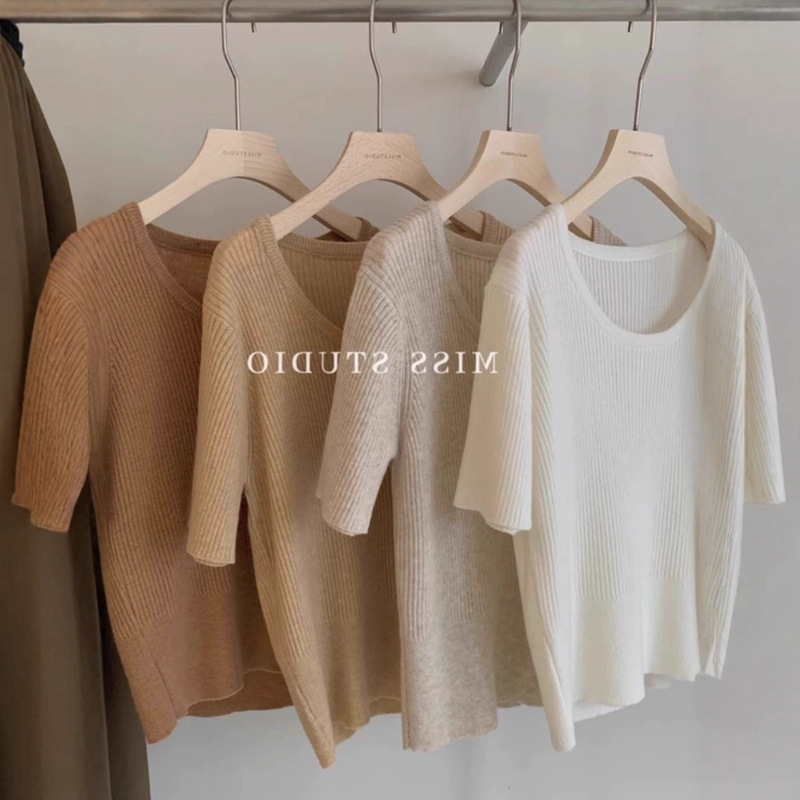 Ice Silk Linen Short-Sleeved Knitwear for Women Summer Thin Round Neck Loose Slimming Look Right Shoulder Short Style with T-Shirt Top Ice Silk Linen Short-Sleeved Knitwear for Women Summer Thin Round Neck Loose Slimming Look Right Shoulder Short Style with T-Shirt Top