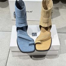2025年夏新款复古方头套趾坡跟高帮靴子夏季女款罗马凉鞋外穿休闲