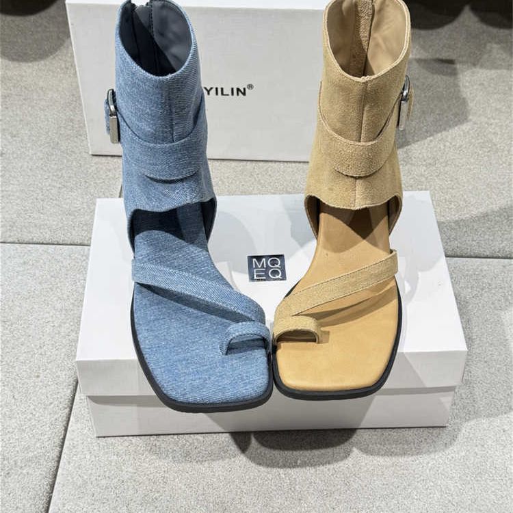 2025年夏新款复古方头套趾坡跟高帮靴子夏季女款罗马凉鞋外穿休闲