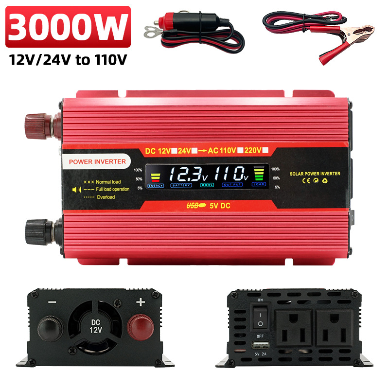 Inversor de Corriente para Automóvil con Pantalla LCD Digital Transfronteriza, Estándar Estadounidense, Amazon, Doble Voltaje de 12-24v a 110v, Alta Potencia de 6000W