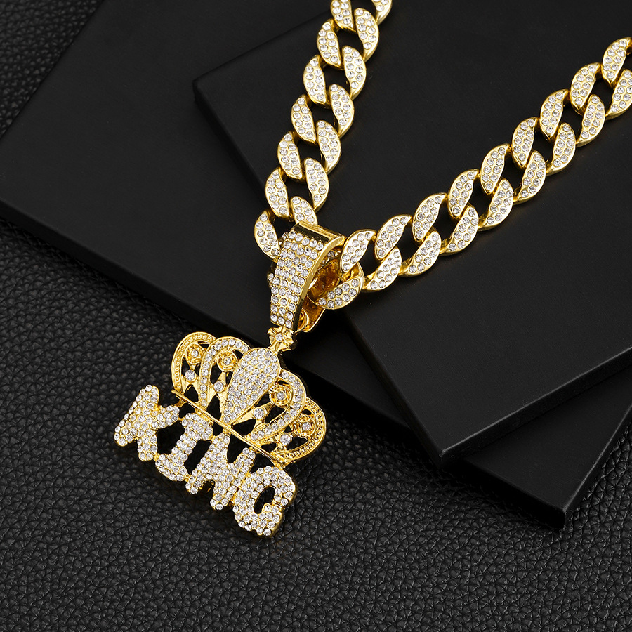 Ny miljøvenlig legering street hiphop-stil fuld diamant KING bogstav krone cubansk halskæde vedhæng smykker_voghion.com