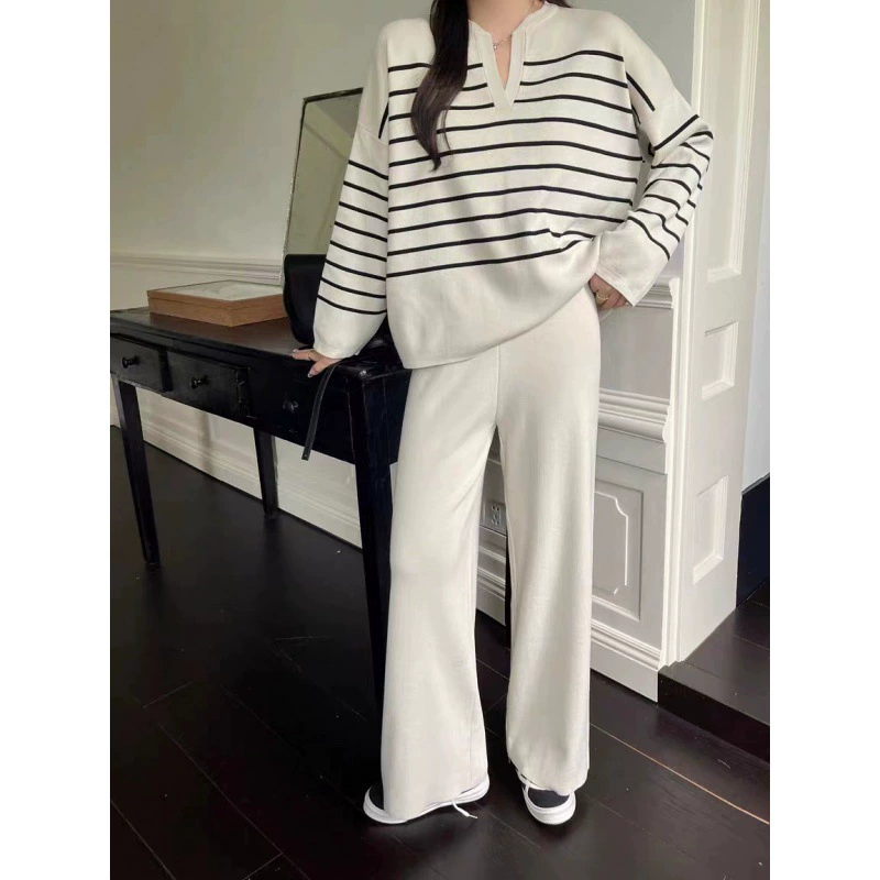 Knitted trousers set, Korean style, high‑waist wide‑leg, Camel/Apricot/Black, S–XL
