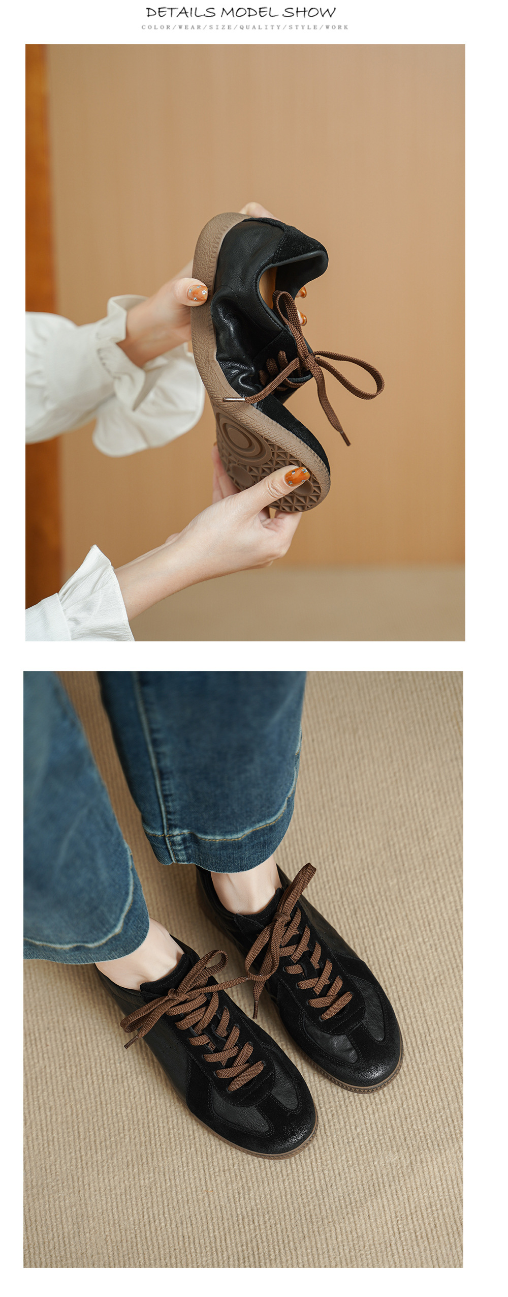 Giày lười nữ mũi vuông phong cách vintage phối da cừu và da bò buộc dây — màu nâu chi tiết 9
