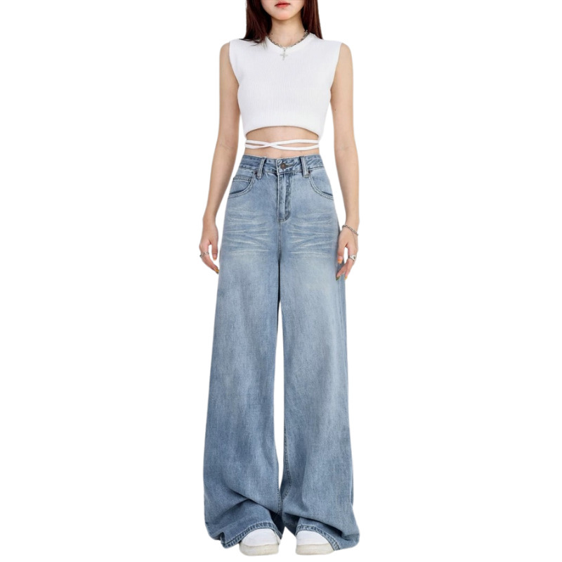 Denim Factory Customizes Oem/Odm Wide-Leg Jeans for Women with a Draping, Loose, Floor-Length Design and High Drape Effect