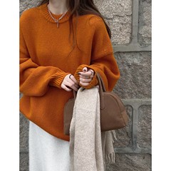 枫叶橘 高饱和度显白橘色圆领毛衣女温柔甜美打底针织衫外穿加厚
