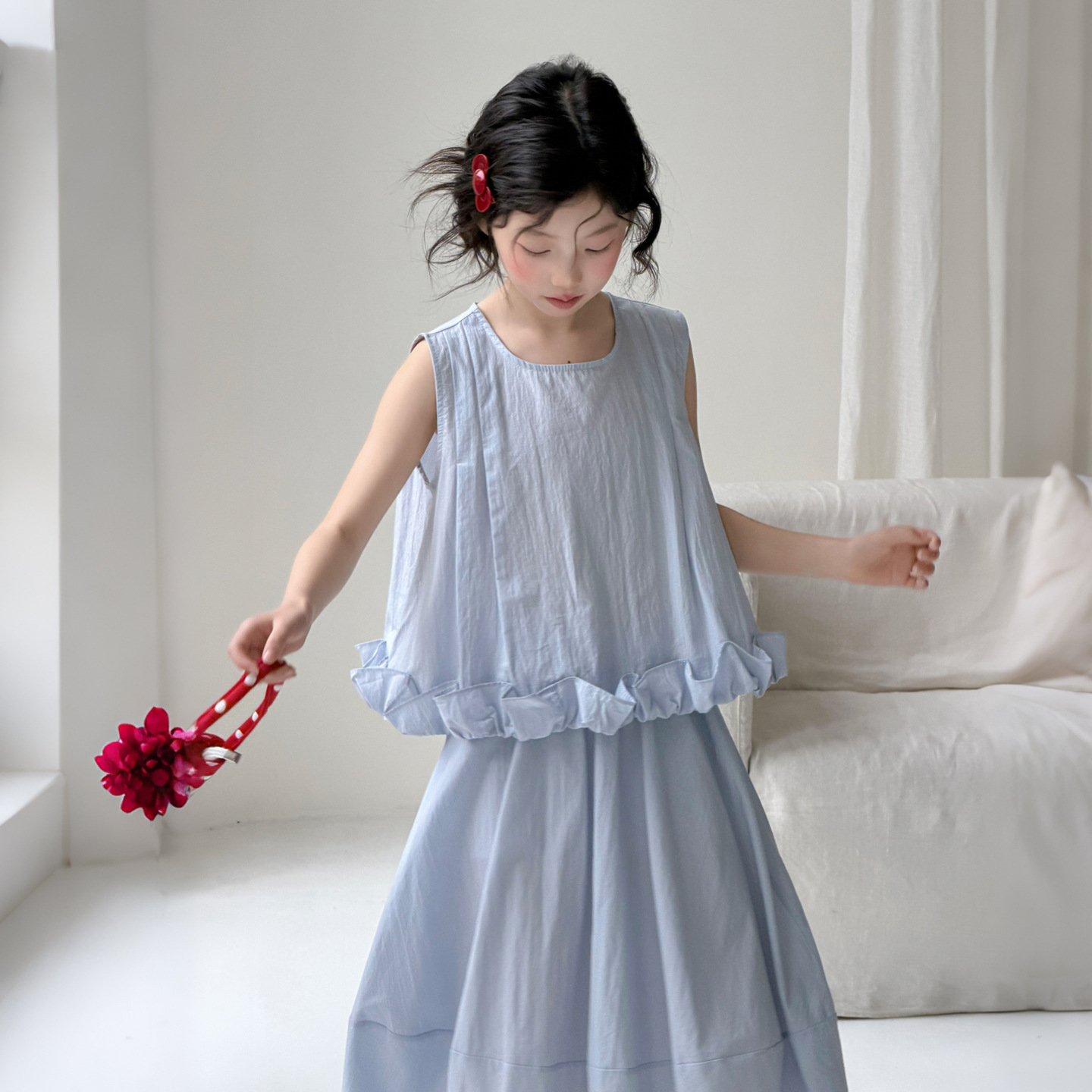 女童夏季无袖花边套装2025新款韩版洋气背心半身裙两件套中大童潮