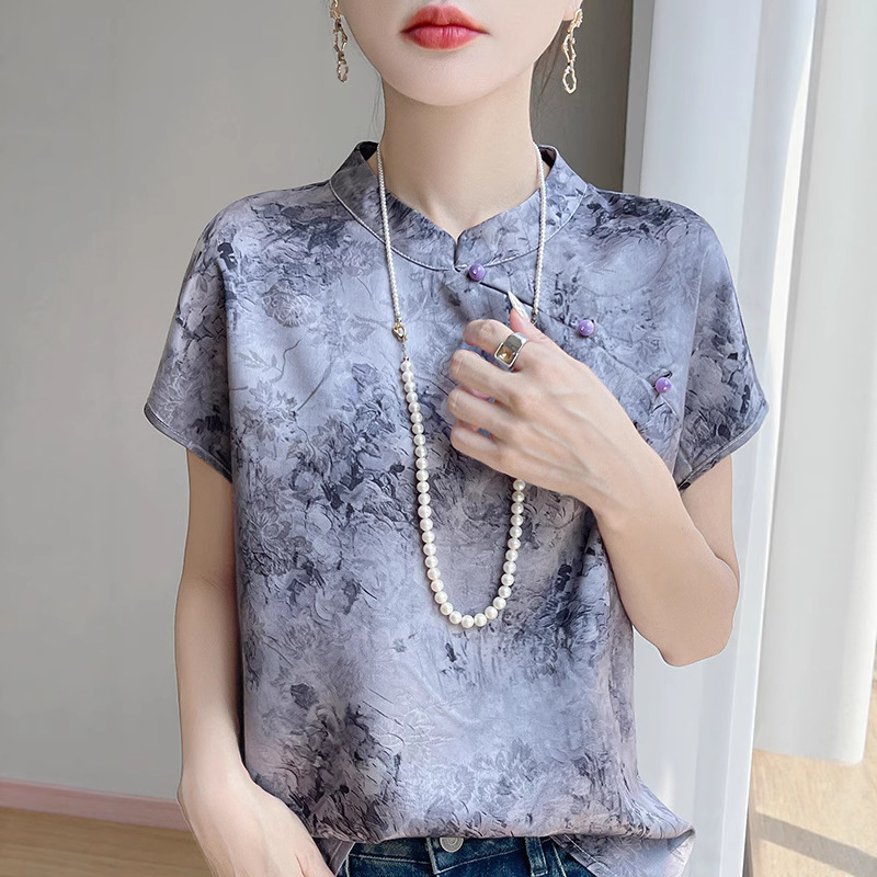 2025 Summer New Retro Fragrant Cloud Yarn Diagonal Lapel Short-Sleeved Stand-Up Collar National Style Top New Chinese Style Improved Cheongsam Shirt
