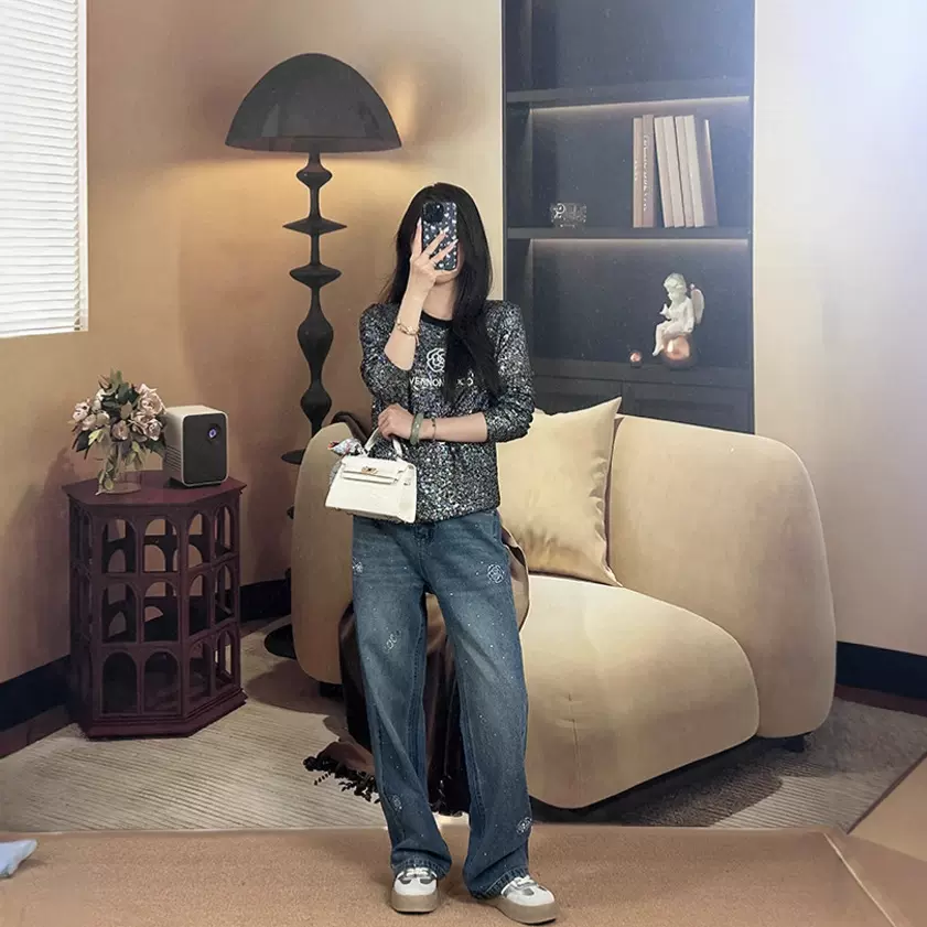 女士休闲烫钻牛仔裤阔腿2025新款春秋小个子显瘦遮肉大码直筒裤子