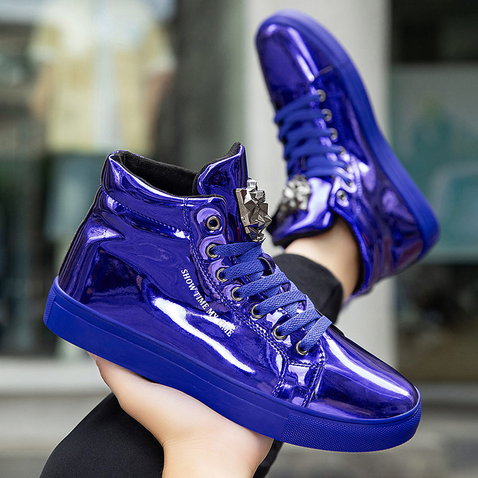 Giày sneaker nam cổ cao da bóng phong cách Hàn Quốc, giày thể thao thời trang cá tính — Bạc, màu xanh, màu đen, màu đỏ chi tiết 2