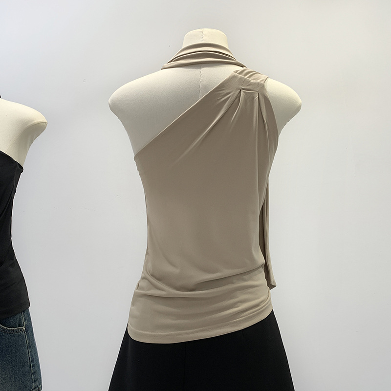 现货2025气质斜肩弹力无袖挂脖系带上衣女通勤微胖风情万种性感修