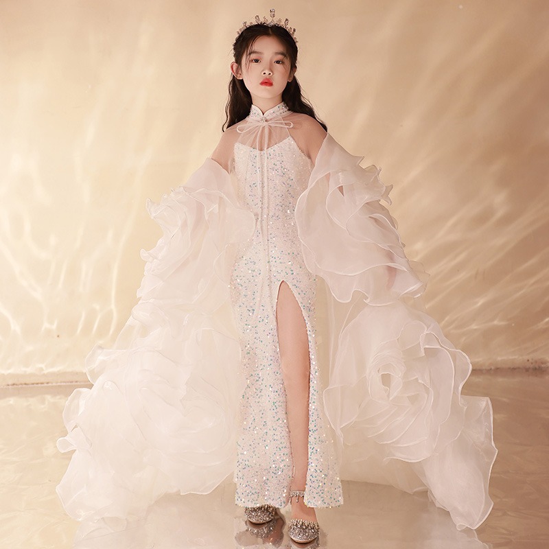 Kids' Dress for June 1st Performance, Ball Gown with Fish Tail Train, Host, Piano Performance, Niche Princess Dress, Drop Ship