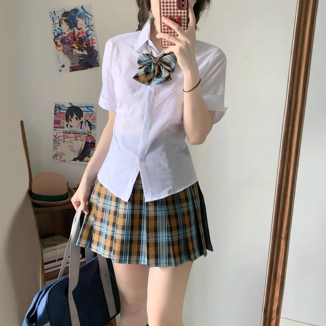 JK 유니폼 봄과 가을 슬림 핏 높은 허리 주름 치마 학교 스타일 슬리밍 올 매치 셔츠 유료 스커트 일본식 대학 스타일 세트