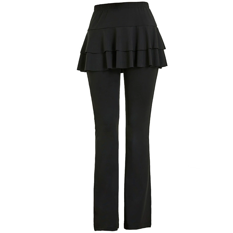 Dance Pants Plaza Latin Dance Skirt-Pants, Ruffled Overlay & Flared Leg, Sizes M–4XL