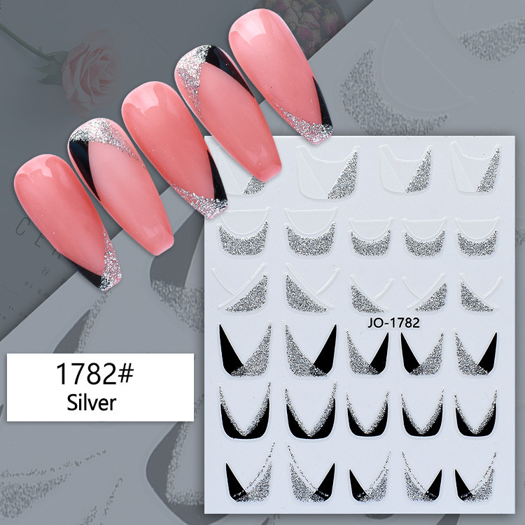 Nail art new dovetail stickers sparkling silver glitter powder nail jewelry stickers Internet famous French side decals cross-border hot sale