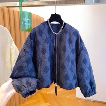 韩国绗缝菱格夹棉外套女秋冬2025新款宽松无领棒球服洋气轻薄棉服