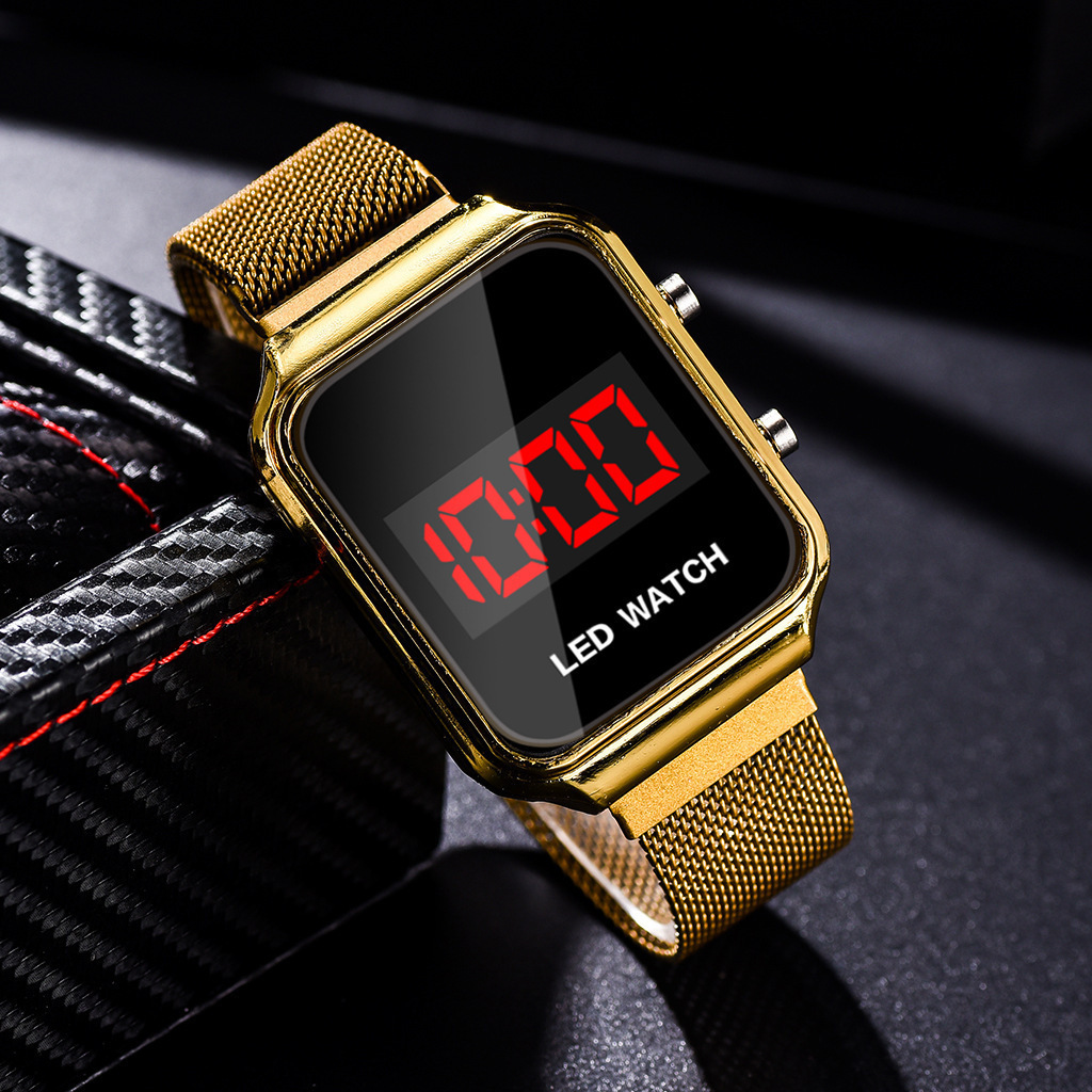 Hot selling push-button electronic watch student sports personality magnet buckle mesh belt led watch_voghion.com