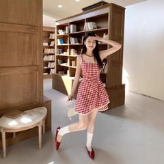 春夏の新作フレンチレトロチェック柄ドレス女性のウエスト痩身気質ミドル丈